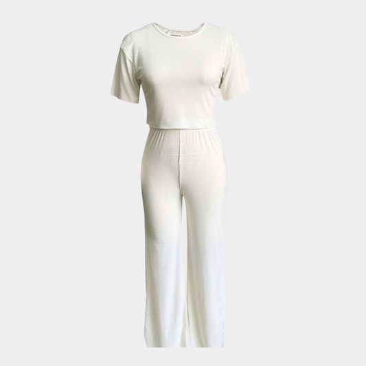 Ribbed Short-Sleeve Top and Straight Pants Set