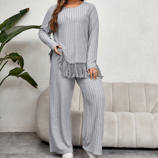 Plus Size Textured Ribbed Loungewear Set with Fringe Trim