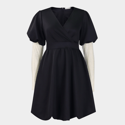 Wrap V Neck Midi Dress with Puff Sleeves and Flared Skirt