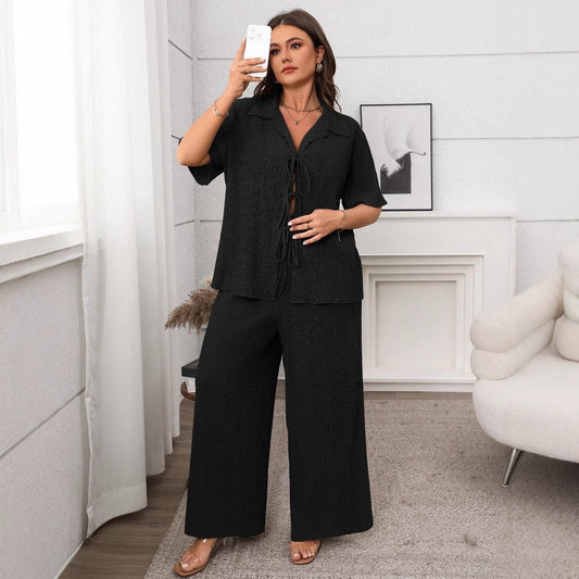 Plus Size Tie Front Shirt and Wide Leg Trousers Set